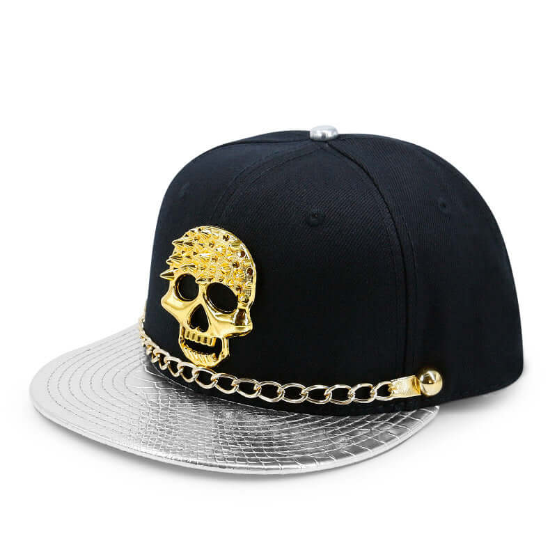 Black Skull Baseball Hat with Gold Skull Design and Chain, Trendy and Edgy Fashion Accessory for Unique Style