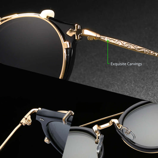 Close-up of elegant metallic sunglasses featuring exquisite carvings on the arms, ideal for stylish women seeking sophistication.