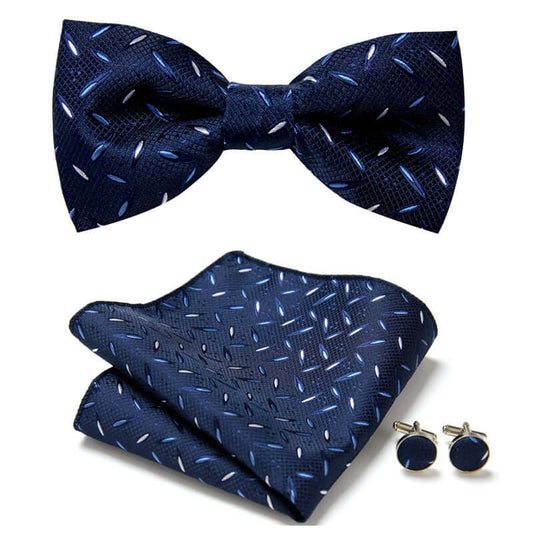 Elegant navy blue bow tie handkerchief set with cufflinks, perfect for business and wedding events.