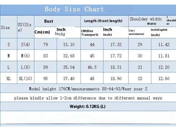 Body size chart for Front Lace Up Top, displaying bust, length, and shoulder width measurements for sizes S to XL.