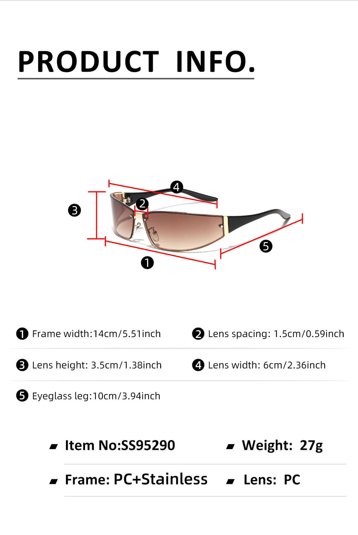 Future Style Sunglasses dimensions and specifications including frame width, lens spacing, lens height, and weight details.