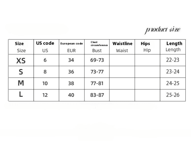 Size chart for Ladies Camisole Top with XS to L sizing, bust, waistline, hips, and length measurements.