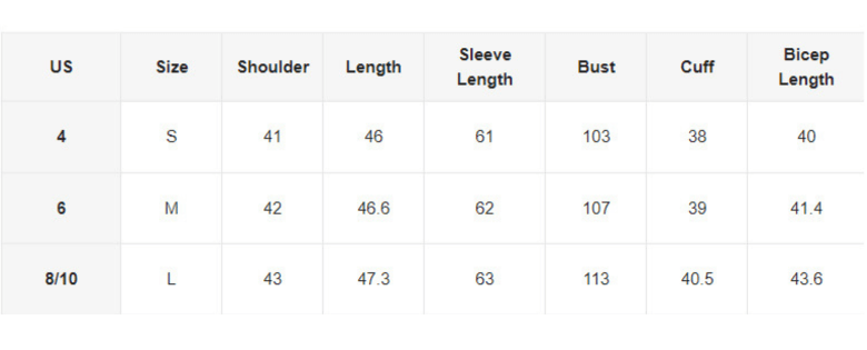 Size chart for Ladies Casual Blazer showing shoulder, length, sleeve length, bust, cuff, and bicep measurements for sizes S, M, and L.