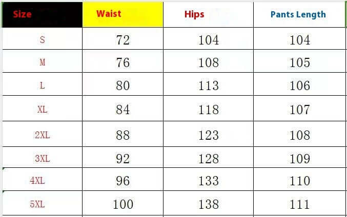 Size chart for linen trousers showing waist, hips, and pants length for sizes S to 5XL.