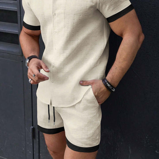 Man wearing stylish Beach Attire Shorts in beige with black trim, showcasing casual summer fashion perfect for beach outings.