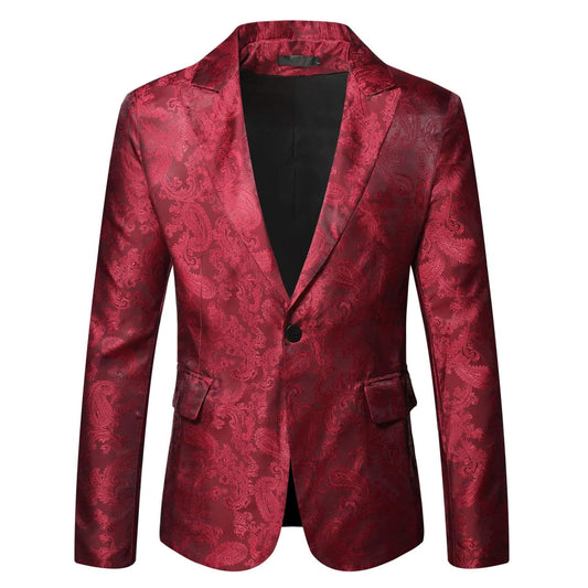 Red Stage Outfit Jacket with intricate floral design, perfect for performers seeking a stylish and bold stage presence.