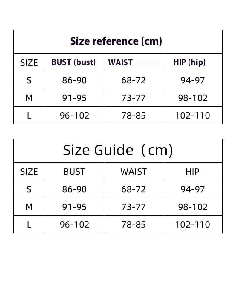 Size guide for Skirt with Bodysuit: S (Bust 86-90 cm, Waist 68-72 cm, Hip 94-97 cm), M (Bust 91-95 cm, Waist 73-77 cm, Hip 98-102 cm), L (Bust 96-102 cm, Waist 78-85 cm, Hip 102-110 cm).