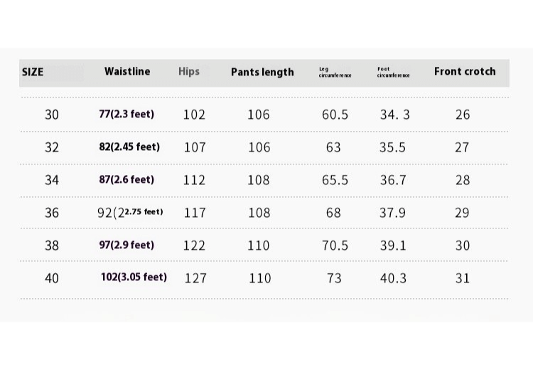 Size chart for men's soft linen trousers showing waistline, hips, pants length, leg circumference, and front crotch measurements.