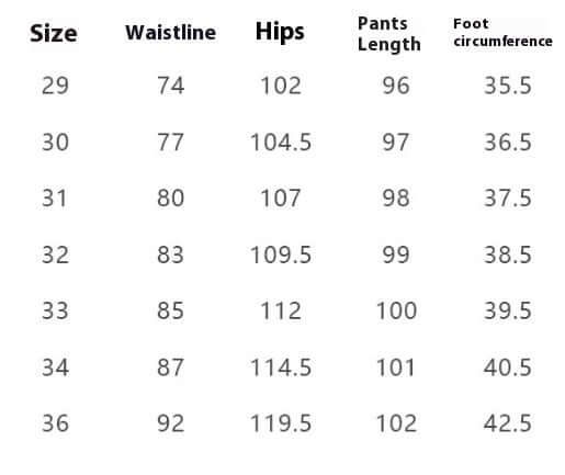 Size chart for straight legged trousers showing waistline, hips, pants length, and foot circumference measurements.
