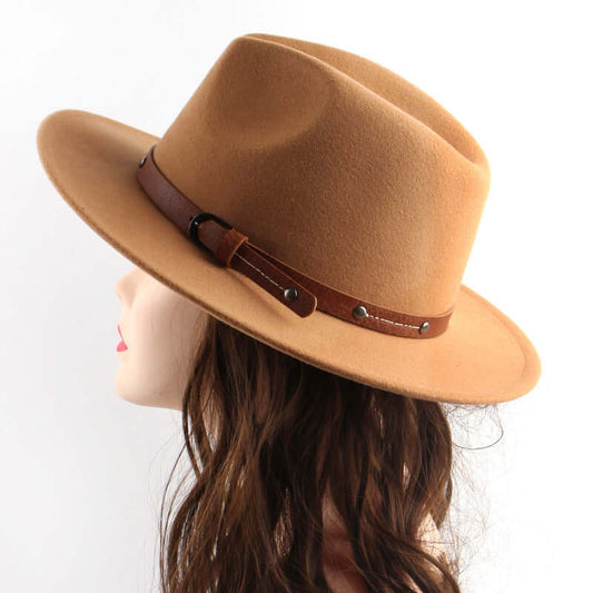 Stylish camel wide brim hat made from high-quality woolen material, featuring a satin finish and leather accent, perfect for any look.