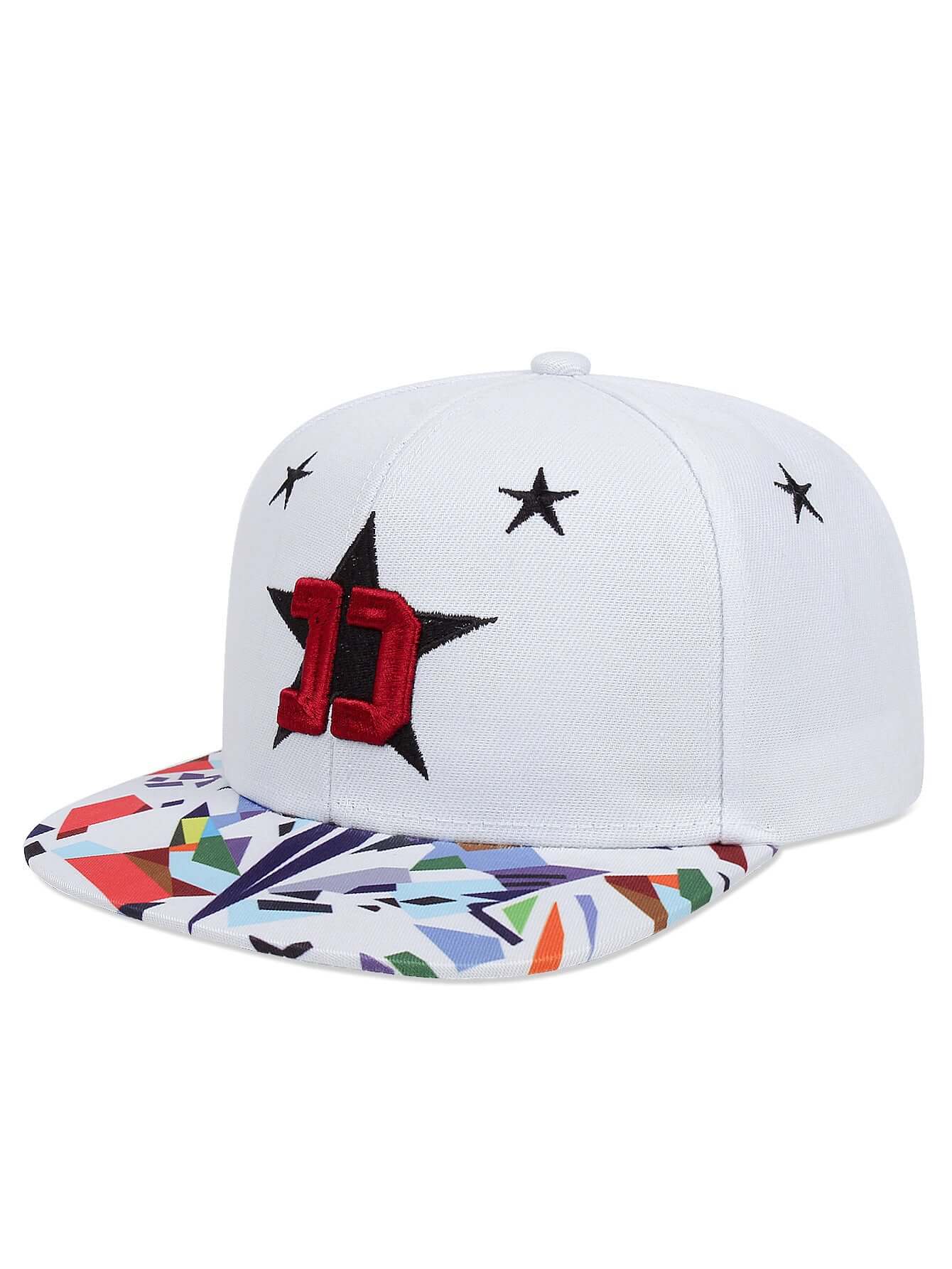 Stylish flat brim cap with colorful geometric design and star embroidery, perfect for adding flair to any outfit.