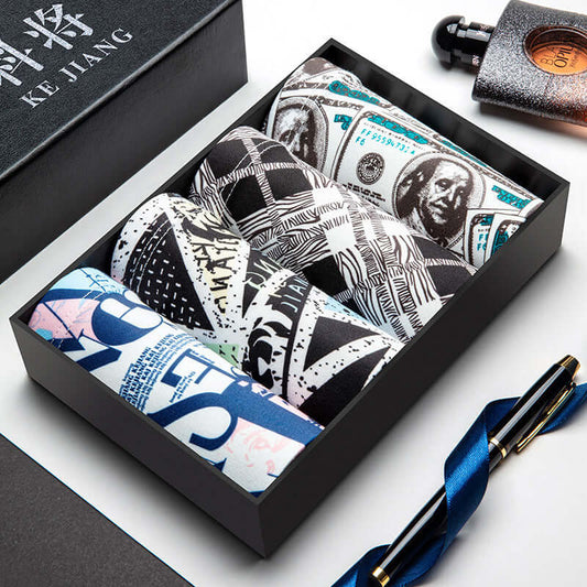 Stylish men's underwear pack in a sleek box, featuring assorted trendy designs, highlighting modern fashion and high-quality fabric.