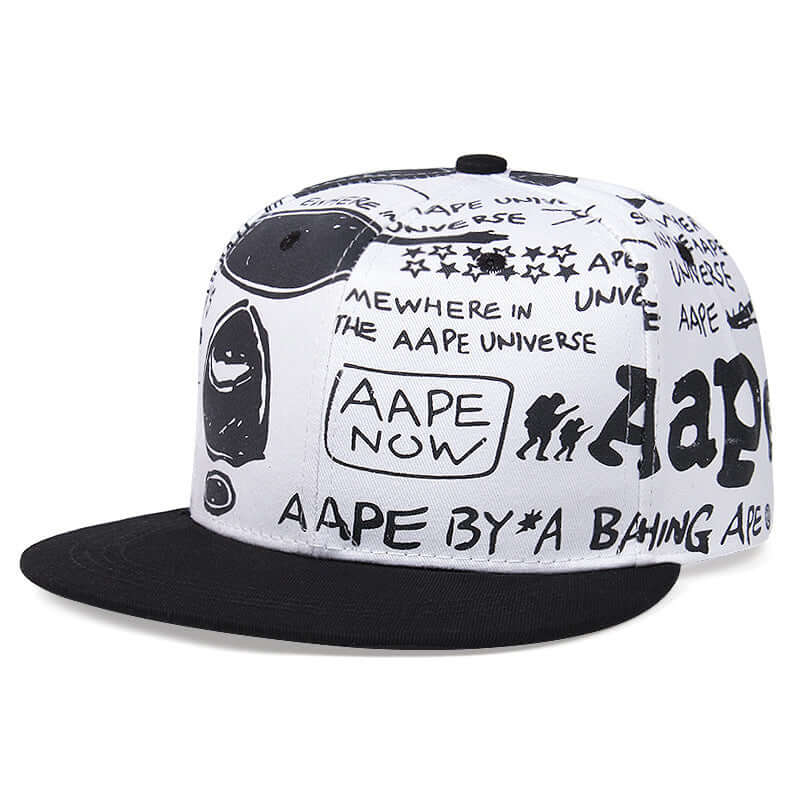 Trendy Ape Style Flat Brim Cap with black and white graphic design, perfect for modern fashion and outdoor adventures.