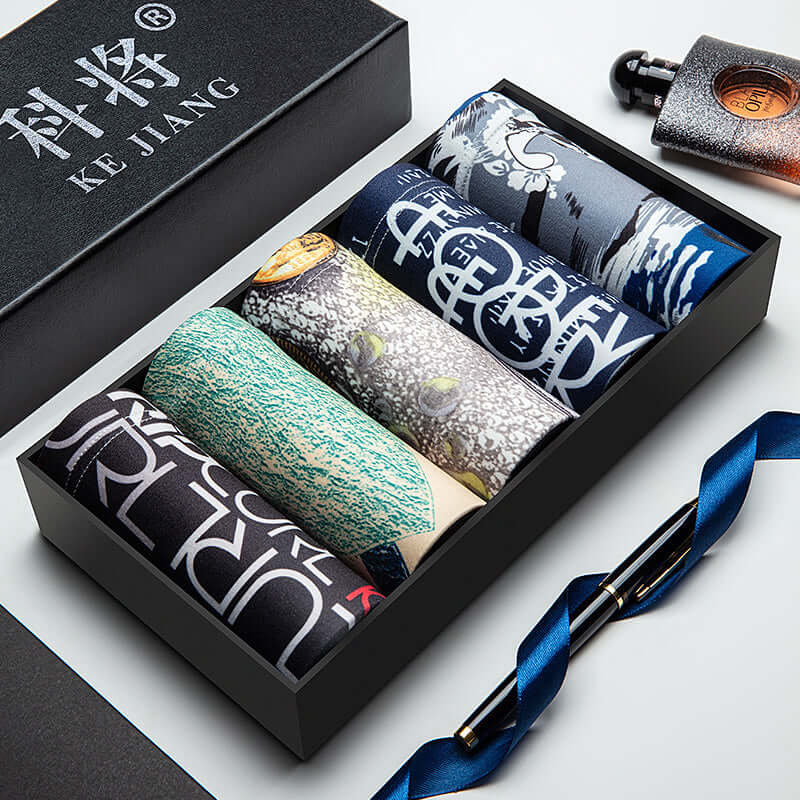 Trendy Men Underwear Pack with stylish designs, featuring high-quality polyester fiber, displayed in elegant packaging.