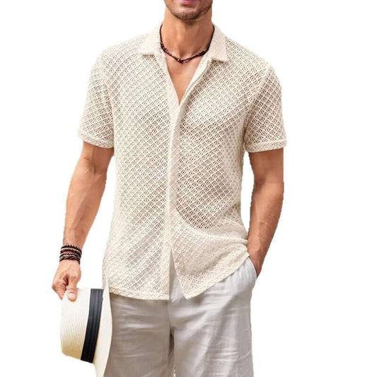 Trendy men's beige fashion polo shirt with textured design, ideal for casual or stylish occasions.