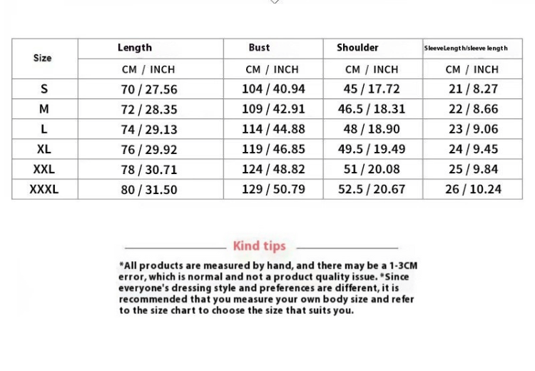 Size chart for V Neck Loose T-Shirt showing measurements for S to XXXL in cm and inches.