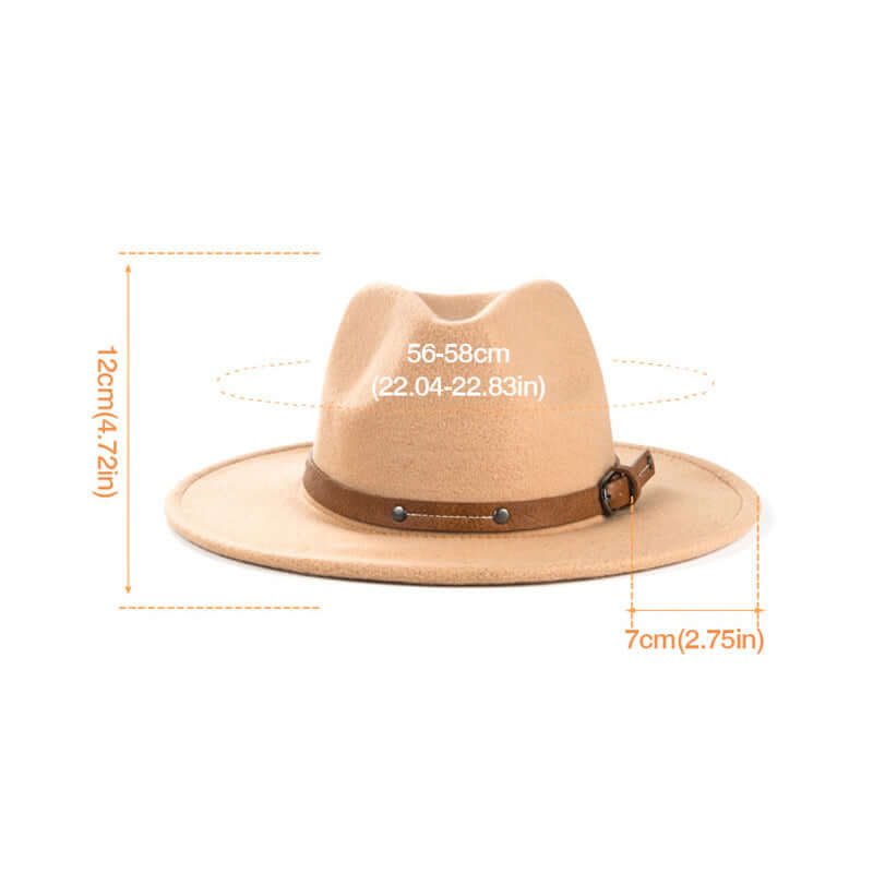Wide Brim Hat in camel color with measurements; features high-quality woolen material and luxurious satin processing technology.