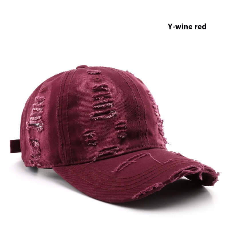 Y-wine red Worn Out Cap with distressed details, perfect for elevating casual style and providing comfort.