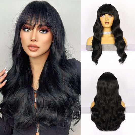 Elegant Loose Wavy Wig made with high-temperature silk for a natural look, available in black with soft waves for women.