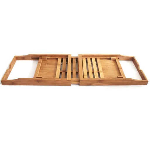 Stylish bamboo bathtub caddy tray designed for relaxation and luxury during baths.