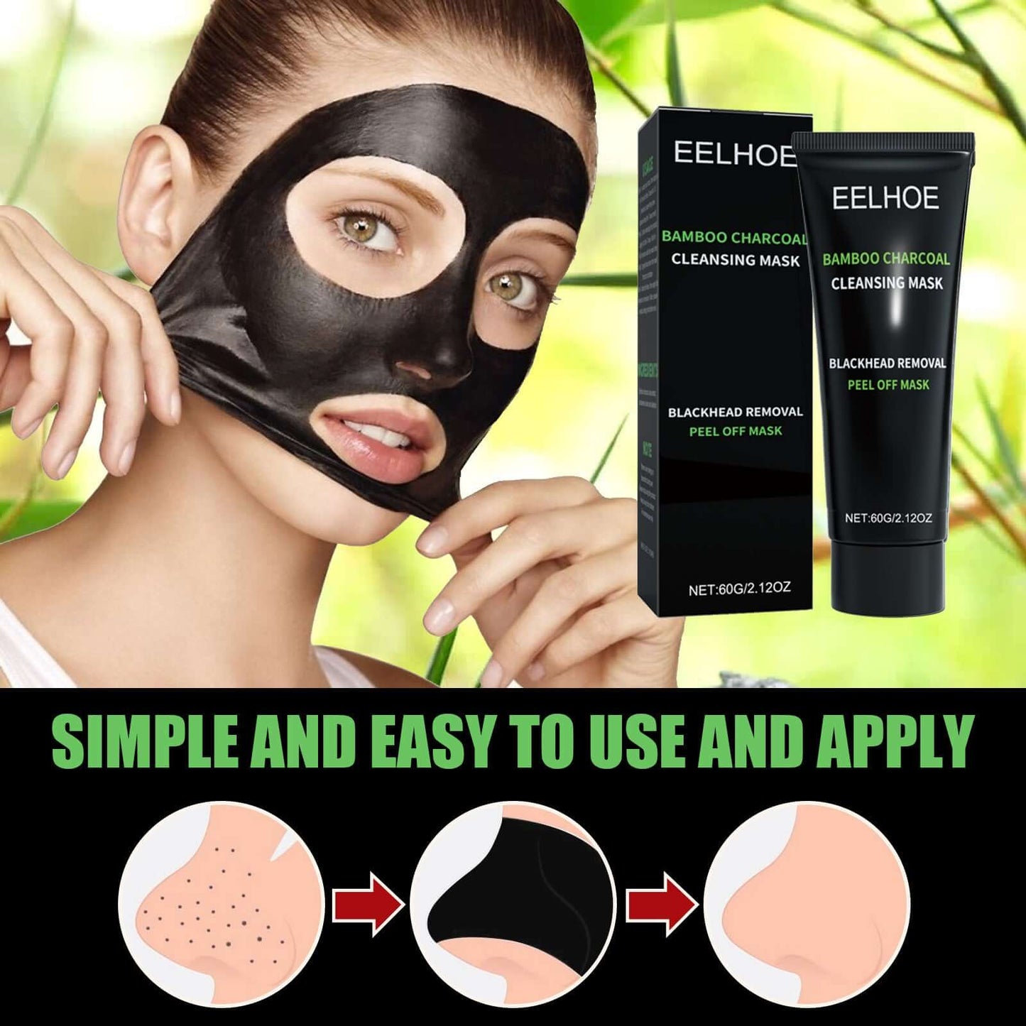 Woman wearing Blackhead Removal Face Mask infused with bamboo charcoal and aloe vera for deep pore cleaning and oil balance.