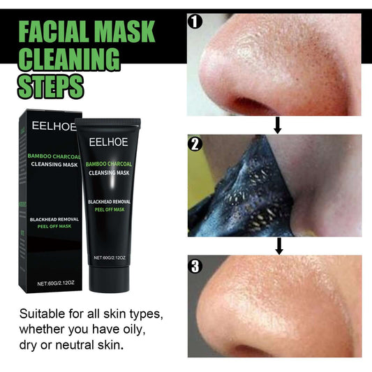 Step-by-step guide to using Blackhead Removal Face Mask with bamboo charcoal for all skin types; suitable for oily, dry, and neutral skin.
