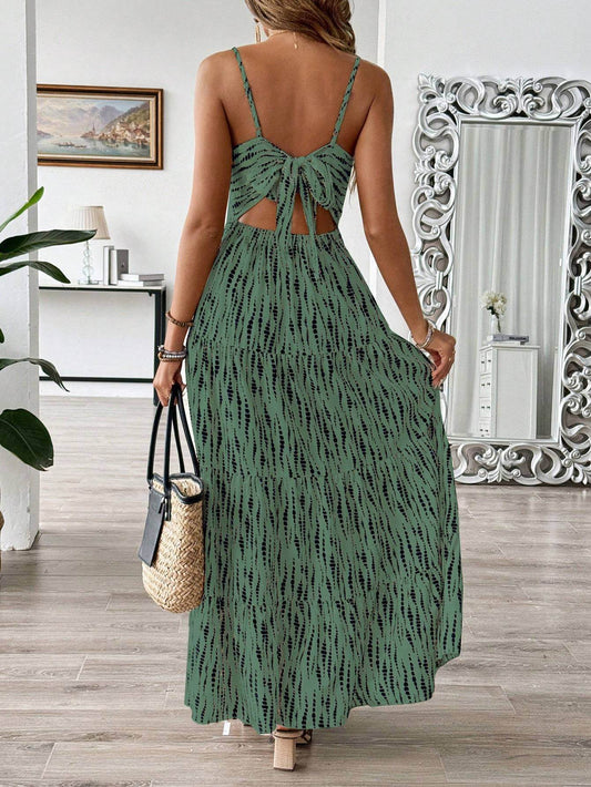 Model wearing Bohemian Maxi Dress with backless design and spaghetti straps in a stylish room setting.
