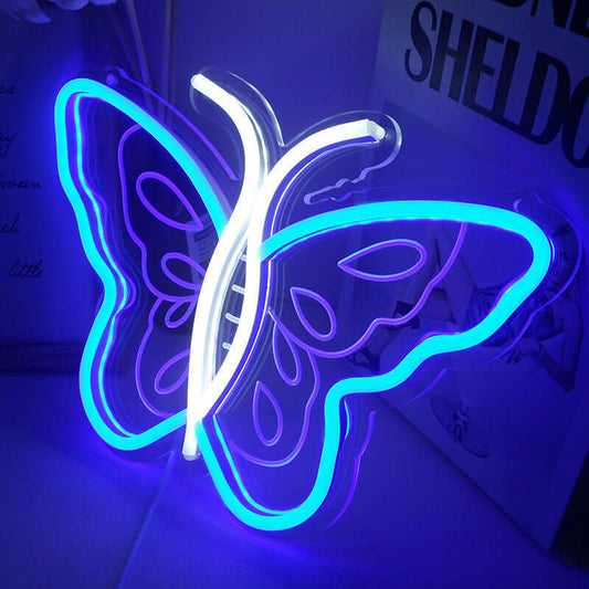 Colorful butterfly LED light accentuating a modern decor, perfect for festive gatherings and enchanting ambiance.