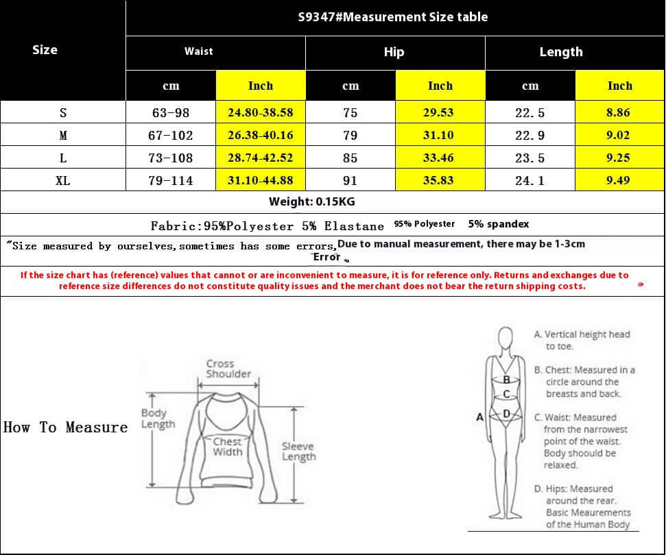 Size chart for clothing with waist, hip, and length measurements in both cm and inches, including fabric details and measurement guide.
