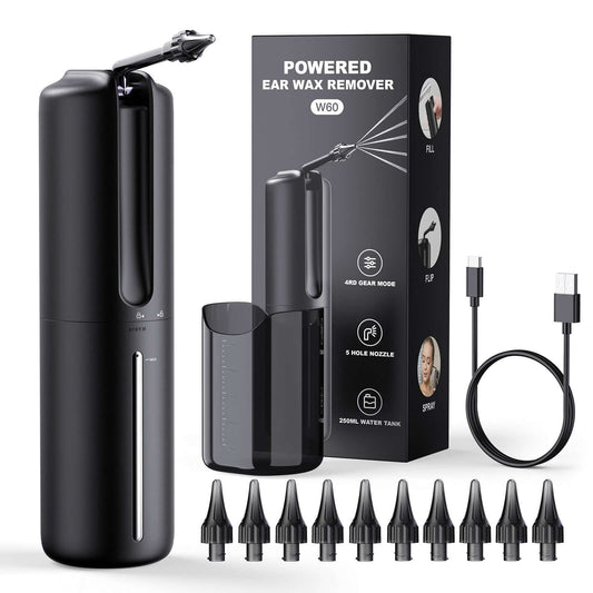 Electric Ear Wash Cleaning Tool with multiple nozzles and USB charging cable for effective ear wax removal.