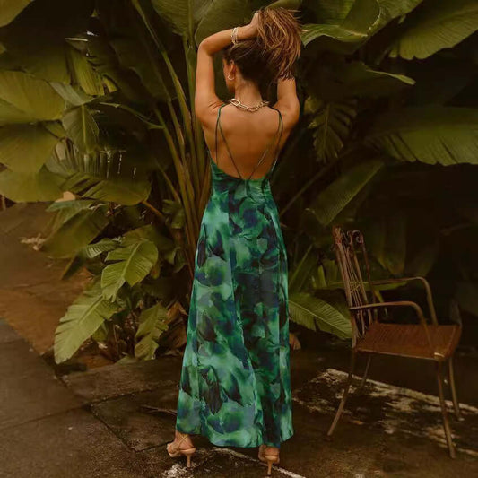 Elegant green Backless Sheer Dress with floral pattern, showcasing sophistication and style, perfect for various occasions.