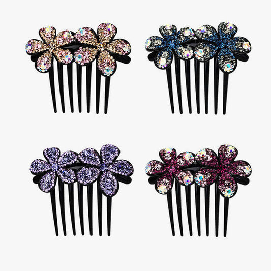 Colorful flower-shaped hair comb ornaments with shimmering Austrian diamonds, inspired by Korean style. Perfect for a sophisticated look.