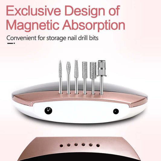 Nail Drill Machine with magnetic bit holder for organized storage and ease of use, featuring an exclusive magnetic absorption design.