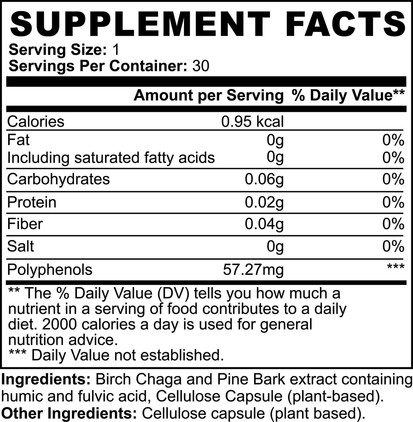 Supplement facts label for Fulvic Acid Supplement with ingredients and nutritional information.