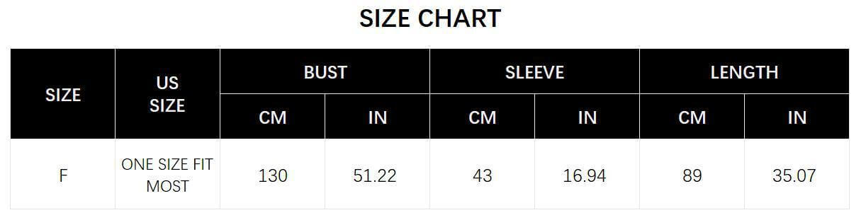 Size chart for Fur Jacket Shawl showing one size fit most measurements in cm and inches.