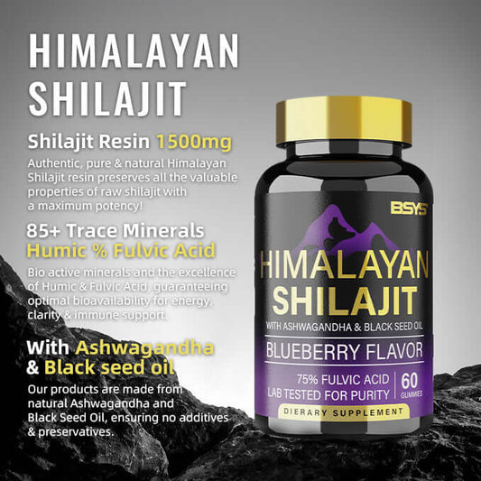 Bottle of Himalayan Shilajit Gummies with natural ingredients like Ashwagandha and Black Seed Oil in blueberry flavor.