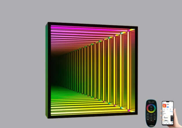 Infinity LED Mirror featuring vibrant colors and remote control for customizable lighting.