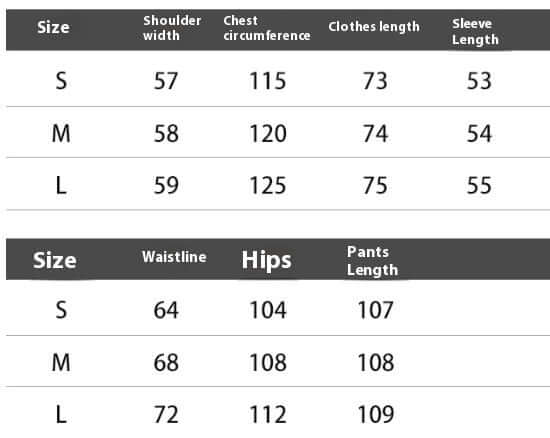 Size chart for jumpsuit with chiffon, detailing shoulder width, chest circumference, clothes length, sleeve length, waistline, and hips.