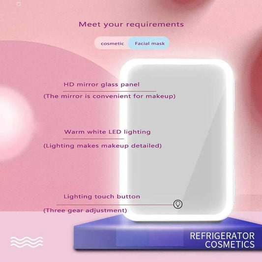 Mini Makeup Fridge showcasing HD mirror glass panel and warm white LED lighting for detailed makeup application.