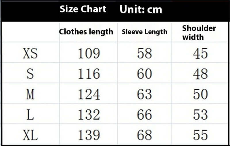 Size chart for mink-like faux fur coat showing measurements in centimeters for XS to XL.