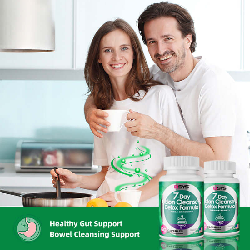 Smiling couple in kitchen promoting Natural Cleanse Detox Formula capsules for gut health and bowel support.