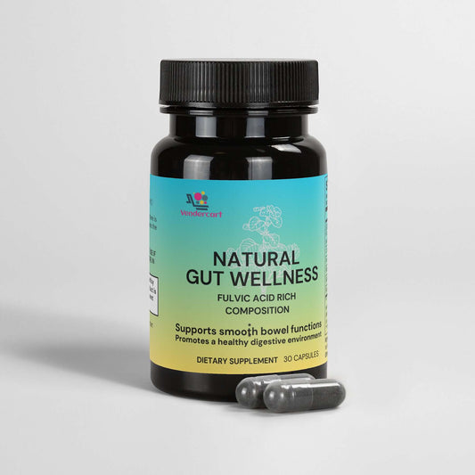 Bottle of Fulvic Acid Supplement for digestive health with Birch Chaga and Pine Bark Extract.