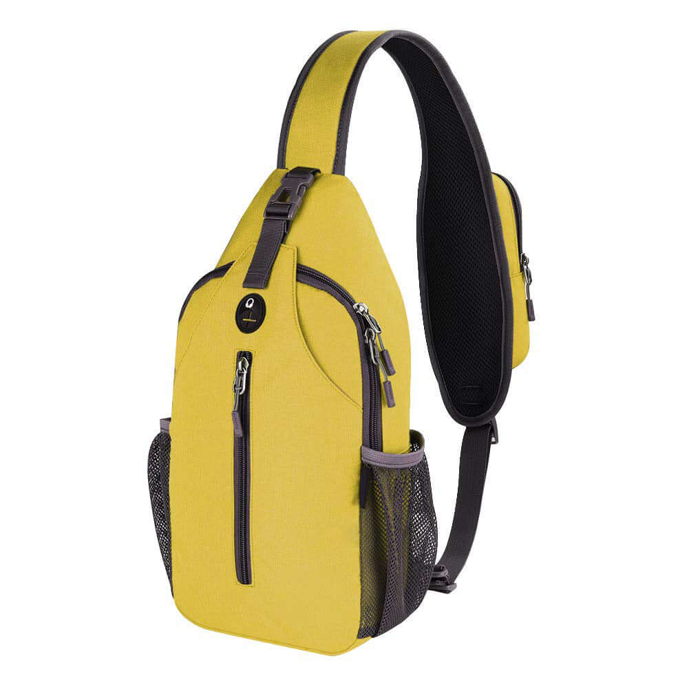 Yellow Outdoor Crossbody Shoulder Bag with solid color, durable nylon, mesh side pockets, adjustable strap, and sleek design.