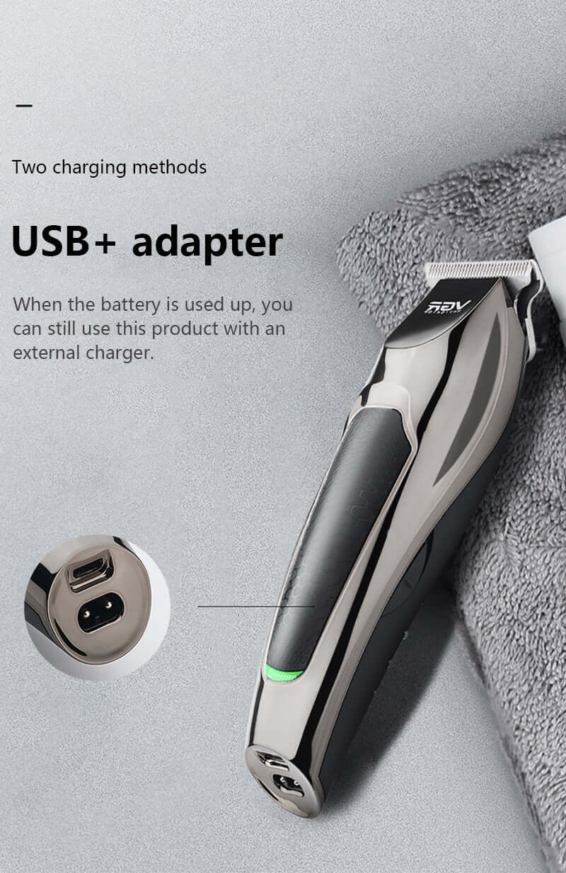 Professional Hair Clipper with USB adapter shown on towel, highlighting sleek design and dual charging capability for convenience.