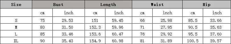 Size chart for Rhinestone Slit Dress showing bust, length, waist, and hip measurements in cm and inches for sizes S to XL.
