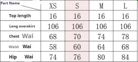 Size chart for Sequin Bra and Skirt Set in XS, S, M, L. Top: 16cm; Overskirt: 106cm; Chest: 68-78cm; Waist: 58-68cm; Hip: 74-84cm.