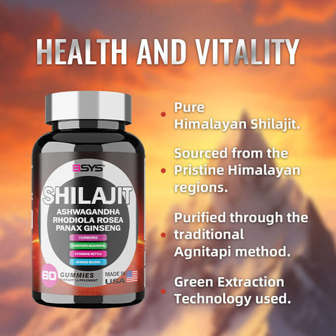Shilajit Ashwagandha Gummies bottle promoting health and vitality with Himalayan ingredients.