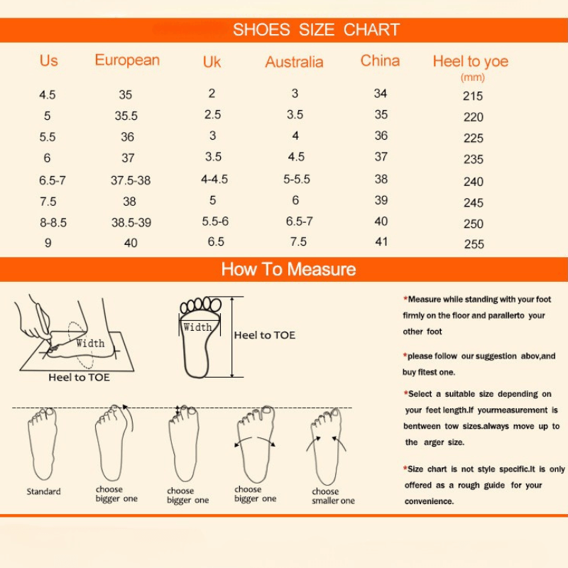 Shoe size chart with US, European, UK, Australian, Chinese sizes, and heel to toe measurements in millimeters. Instructions included.