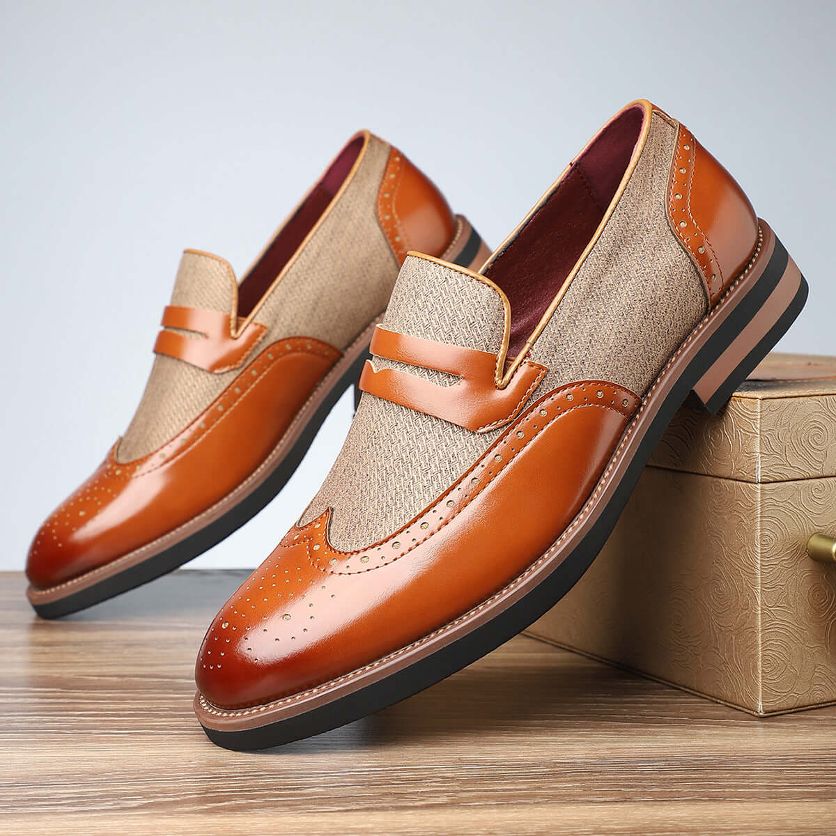 Smart Casual Leather Shoes in tan and brown, featuring a color-matching design, crafted from durable artificial PU for contemporary style.