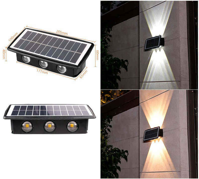 Solar Exterior Wall Light showcasing solar panel and illuminating wall with stylish, energy-efficient design.